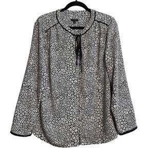 Talbots Bow Tie Popover Floral Abstract Print Black white Blouse Top Size XLP